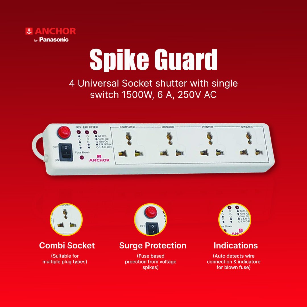 Anchor by Panasonic Spike Guard - 4 Universal Socket with Single Switch - 4 Mtr (22048) - Magic DealsExtension BoardMagic DealsMagic DealsAnchor by Panasonic Spike Guard - 4 Universal Socket with Single Switch - 4 Mtr (22048)890328508611524 socket extension board