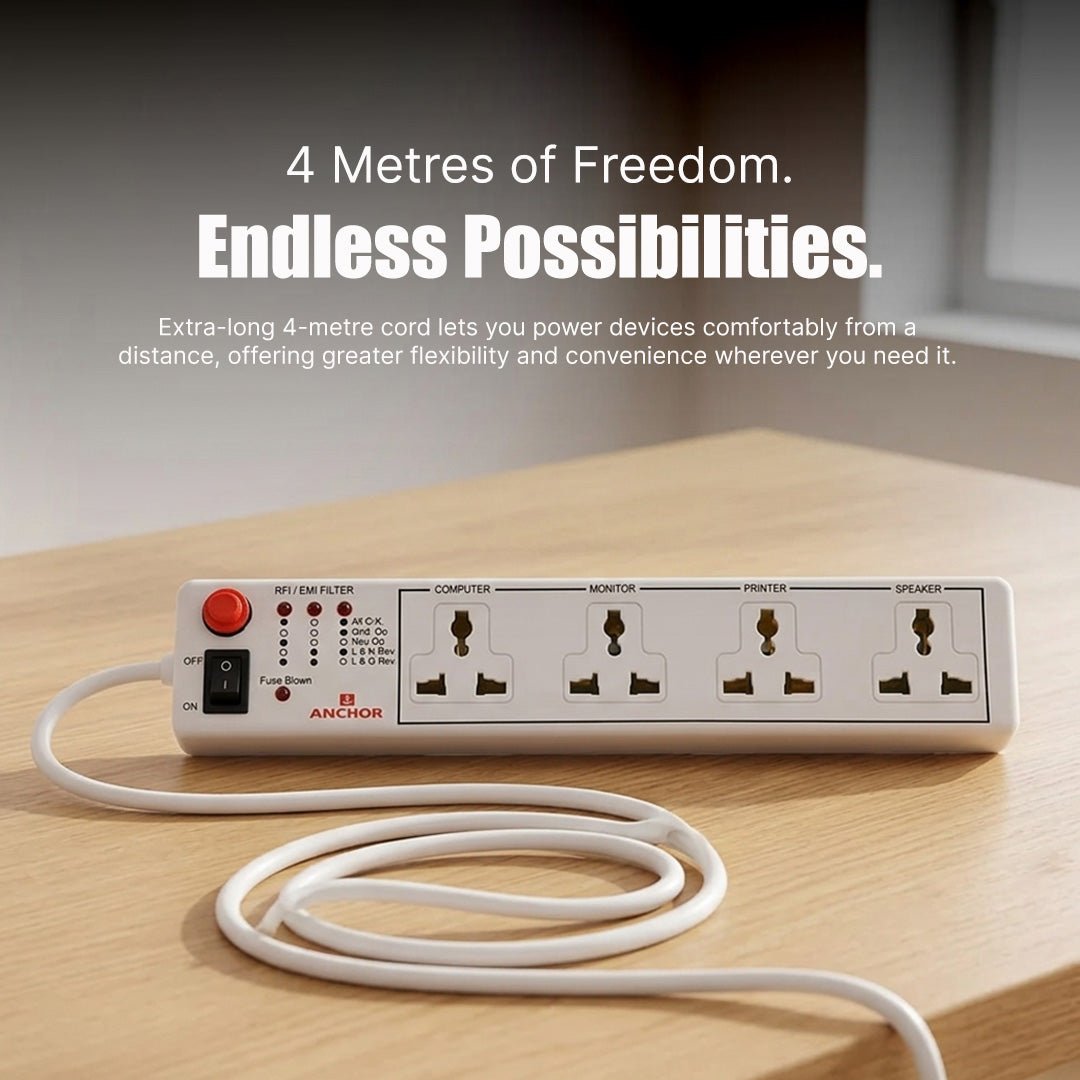 Anchor by Panasonic Spike Guard - 4 Universal Socket with Single Switch - 4 Mtr (22048) - Magic DealsExtension BoardMagic DealsMagic DealsAnchor by Panasonic Spike Guard - 4 Universal Socket with Single Switch - 4 Mtr (22048)890328508611554 socket extension board